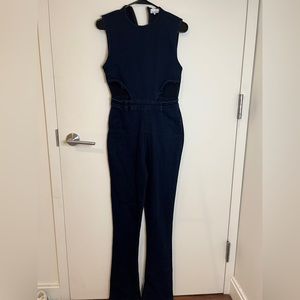 We Wore What Dark Blue Denim Jumpsuit with Cutouts